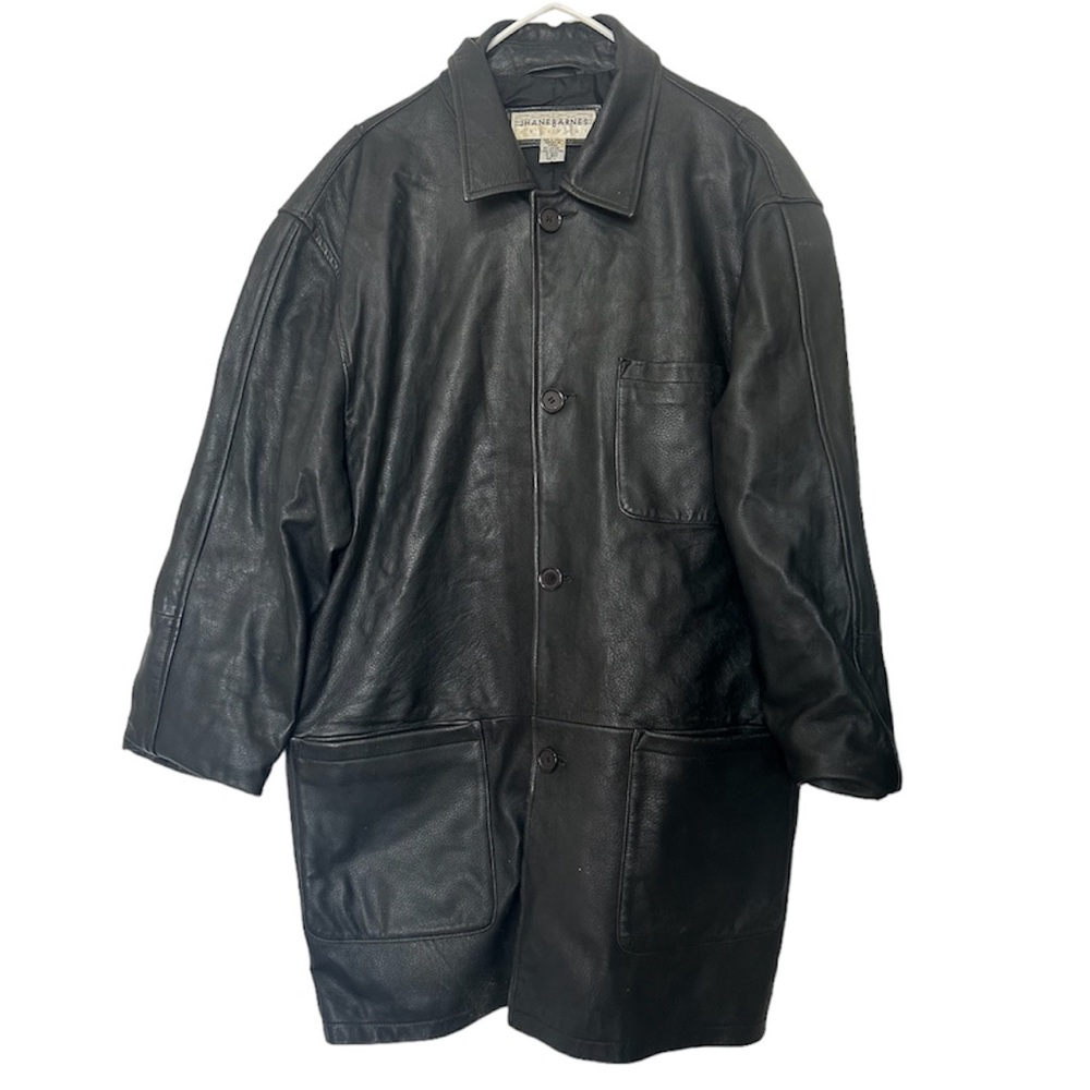 Jhane Barnes Men's Black Leather Jacket Size 44 Soft/Supple Long